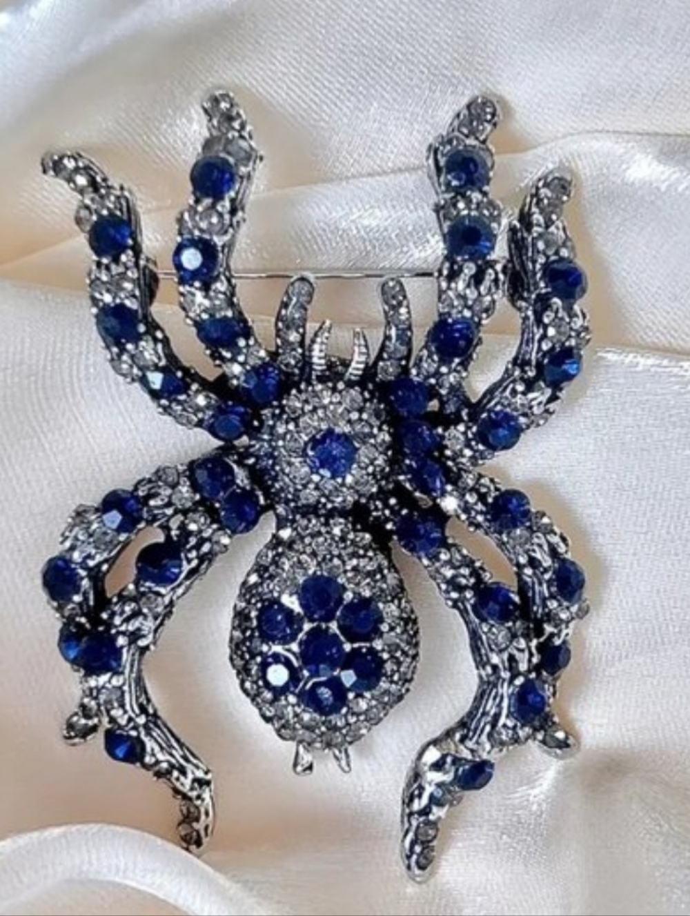 Women’s Blue Crystal Spider Brooch - Elegant Silver Tone Pin